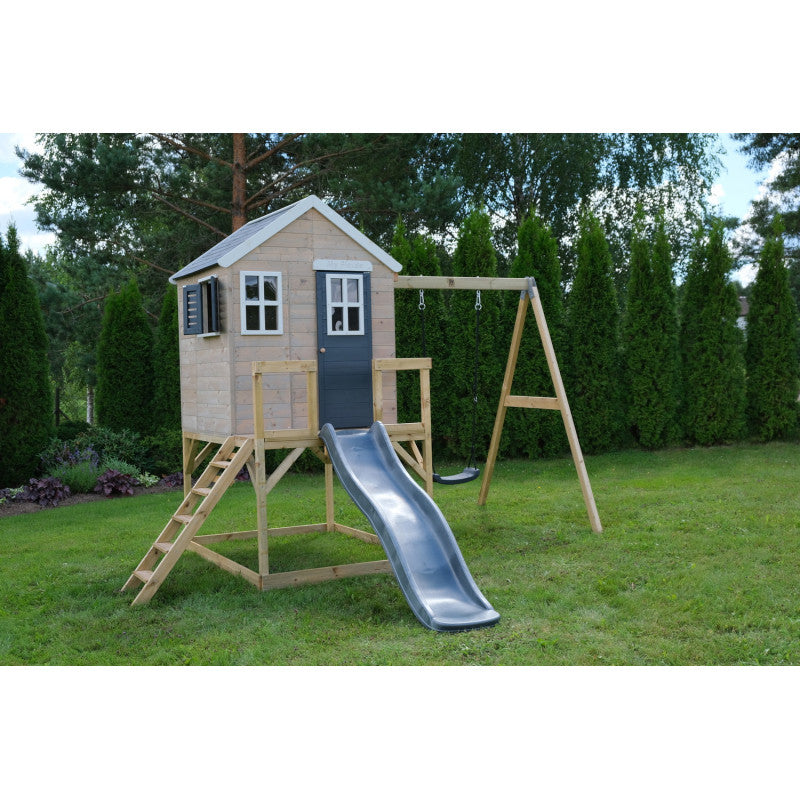 Casuta de gradina Grey Lodge cu platforma, tobogan si leagan (M24G), Wendi Toys